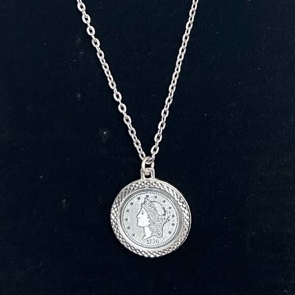 Vintage Jewelry - Vintage 1776 Twenty D Replica Coin Pendant Necklace Silver-tone Cable Chain